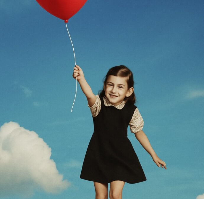 girl flying with red balloon